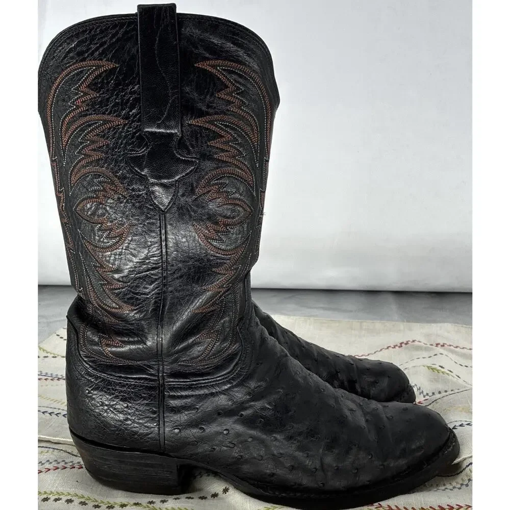 Vintage Lucchese Black Leather Ostrich Skin Western Cowboy Boots Sz 8.5 E